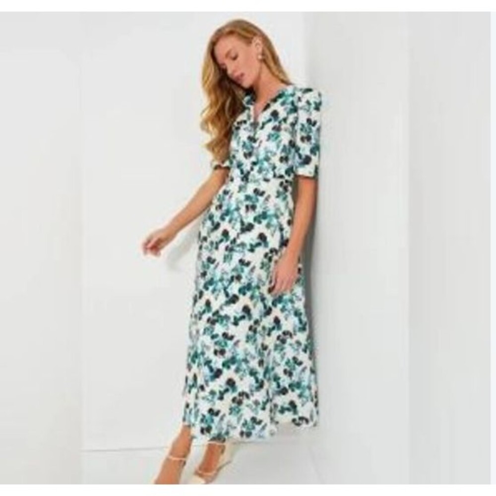 TUCKERNUCK Blue Blooms Linen Midi Dress Floral V-Neck Short Sleeve Womens M NWT
